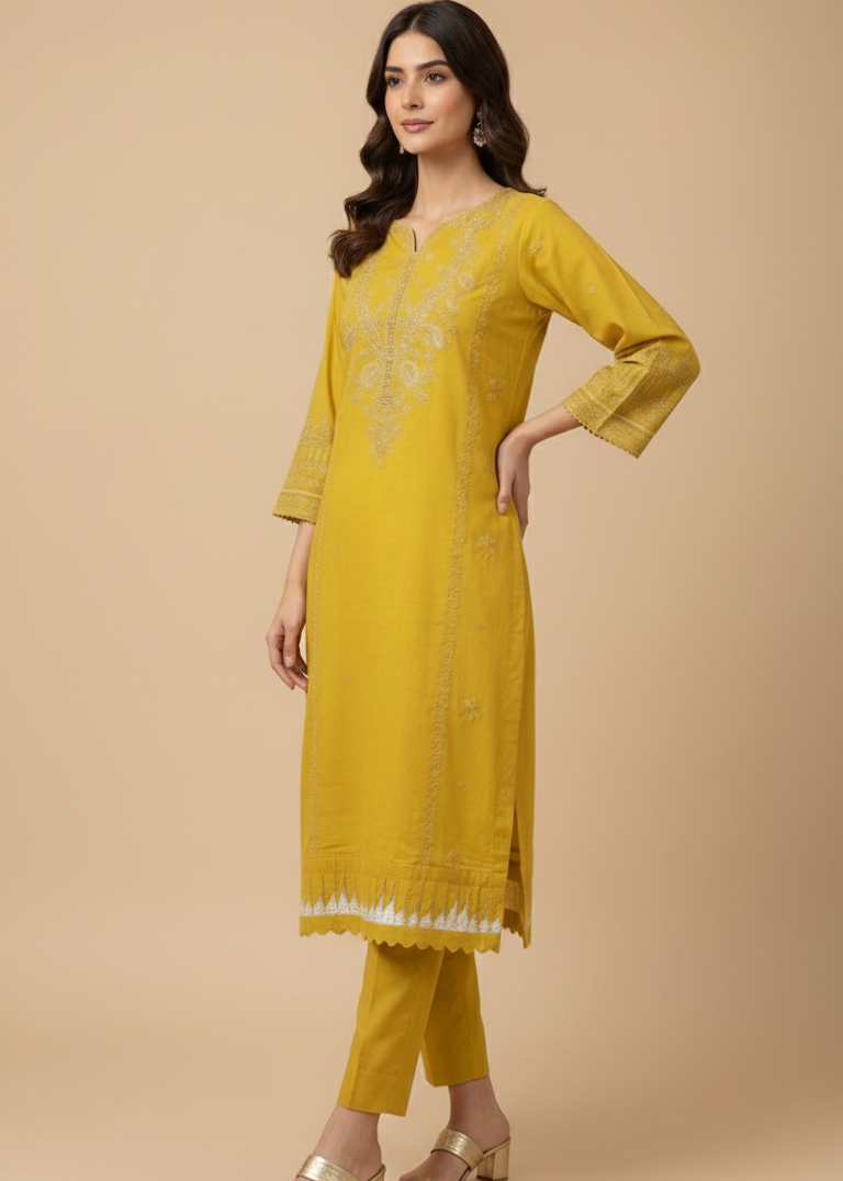 Mustard Self-Jacquard 3-Piece Stitched Embroidered Suit with Floral Dupatta