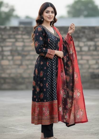 Midnight Bloom – 3-Piece Printed Stitched Khaddar Frock Set