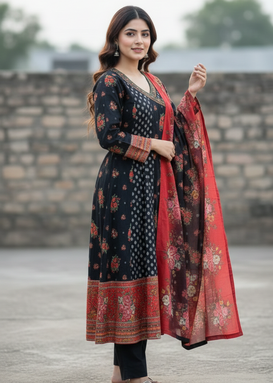 Midnight Bloom – 3-Piece Printed Stitched Khaddar Frock Set