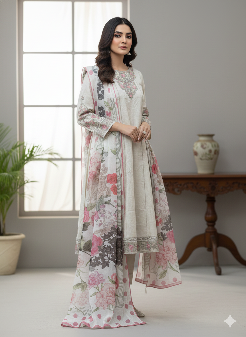 Elegant Off White Self-Printed Jacquard 3-piece Stitched Dress | Frock