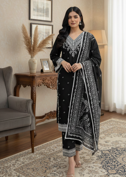 Black & White Embroidered Self Jacquard Suit – 3 Piece stitched