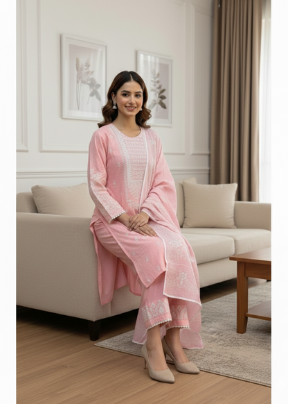 Blossom Pink Self-Jacquard 3-Piece Stitched Embroidered Suite