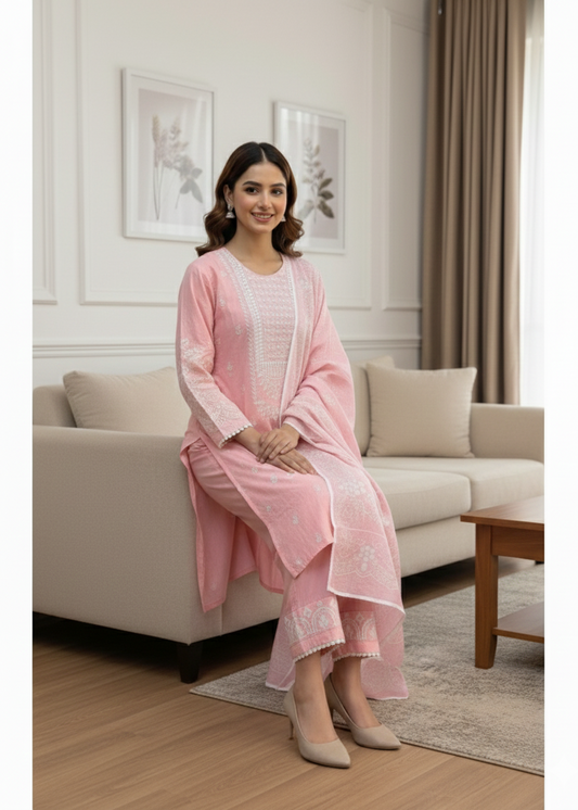 Blossom Pink Self-Jacquard 3-Piece Stitched Embroidered Suite