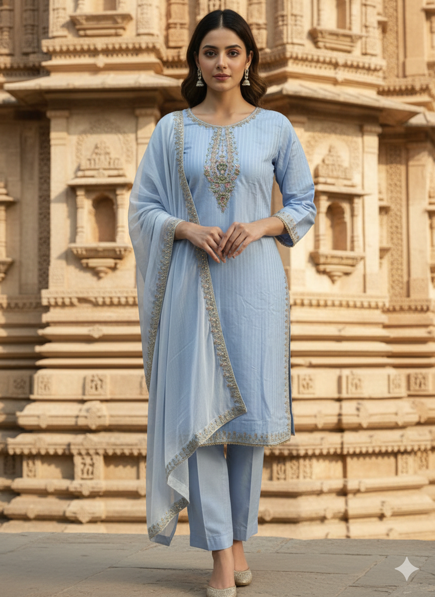 Elegant Sky Blue Self-Printed Jacquard 3-piece Stitched Suit with Pure Embroidered Dupatta