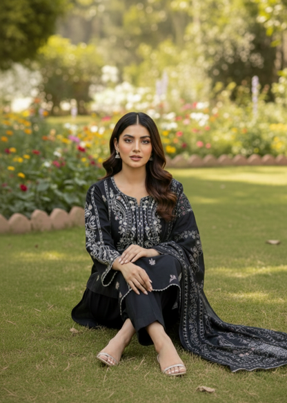 Midnight Grace – Intricately Embroidered Black Self-Jacquard 3-Piece Stitched Suite