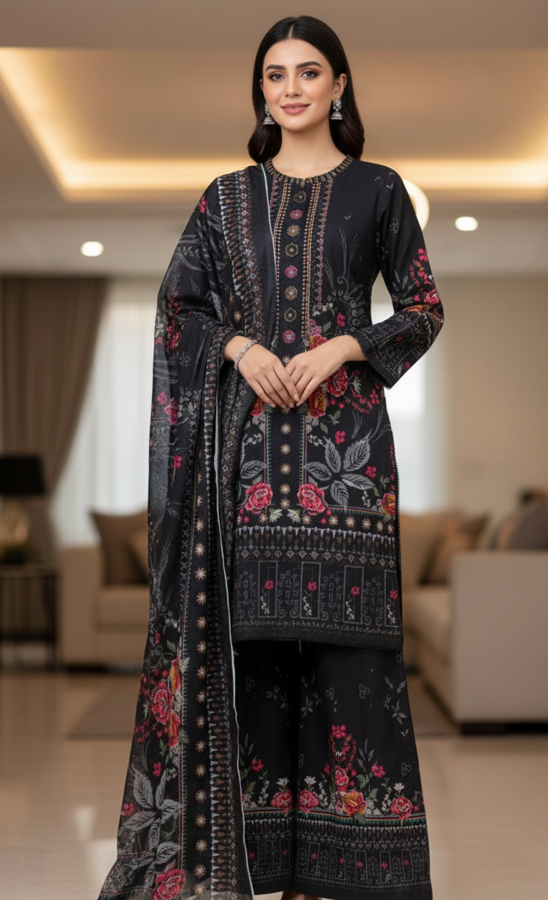 Premium Black Cotrai Ensemble 3 Piece Stitched Dress – Embroidered Neckline & Printed Palazzo Set