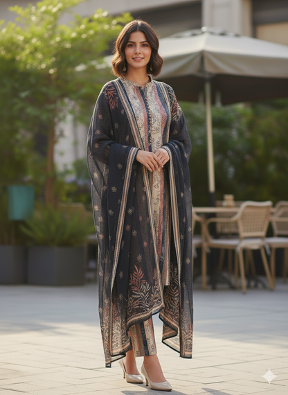 Step out in style and comfort with our 'Winter Bloom' 3-Piece Khaddar suit.