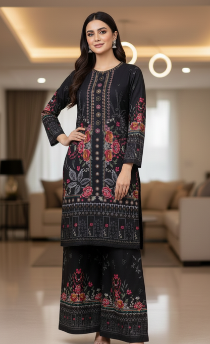 Premium Black Cotrai Ensemble 3 Piece Stitched Dress – Embroidered Neckline & Printed Palazzo Set
