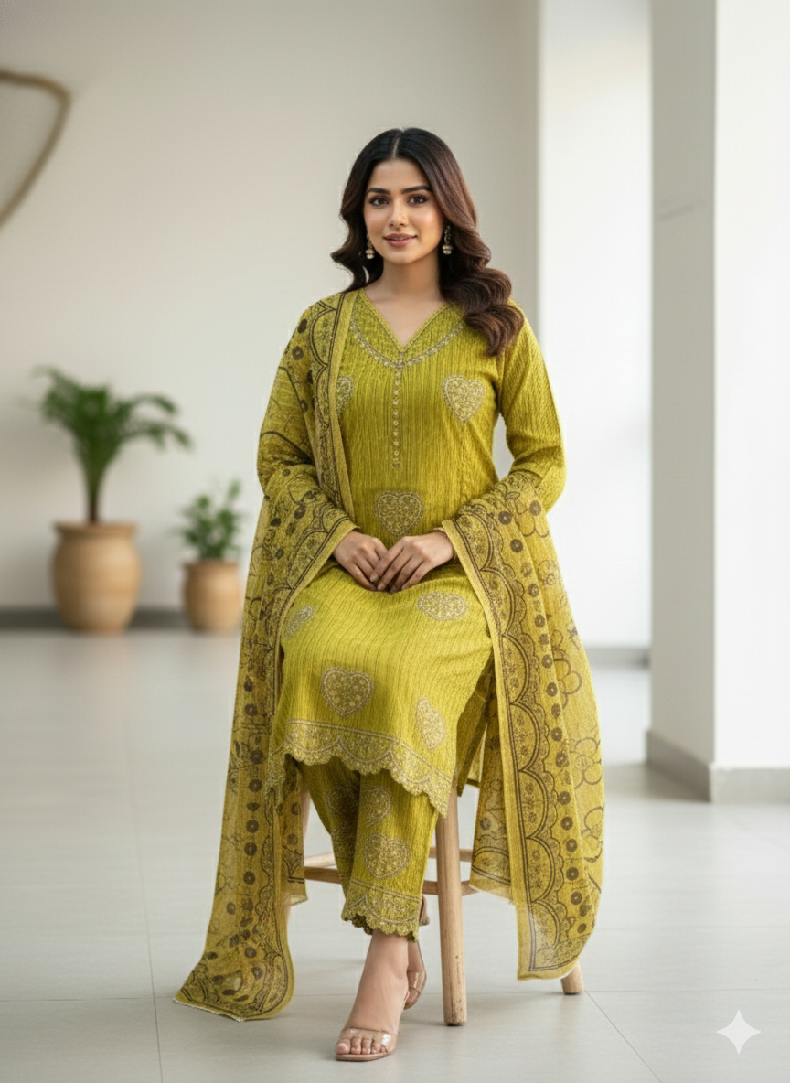 Lime Green Crinkle Textured Embroidered 3-Piece Suit