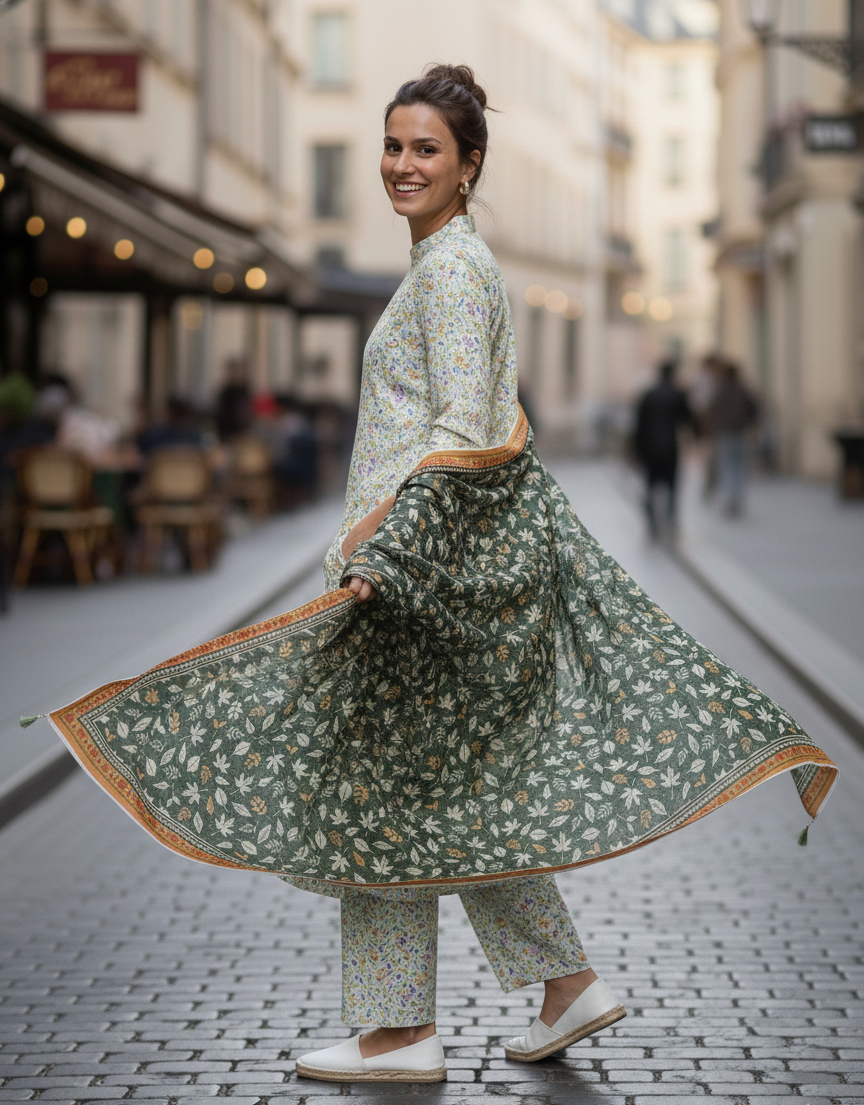 Pastel & Forest Green Khaddar 3-Piece Unstitched Suit