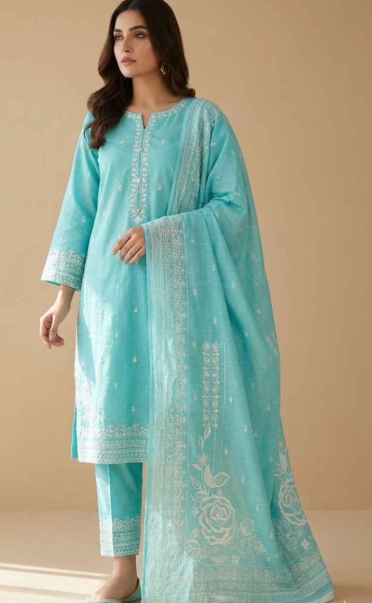Women’s 3-Piece Stitched Turquoise Jacquard Suit - Embroidered