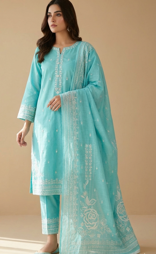 Women’s 3-Piece Stitched Turquoise Jacquard Suit - Embroidered