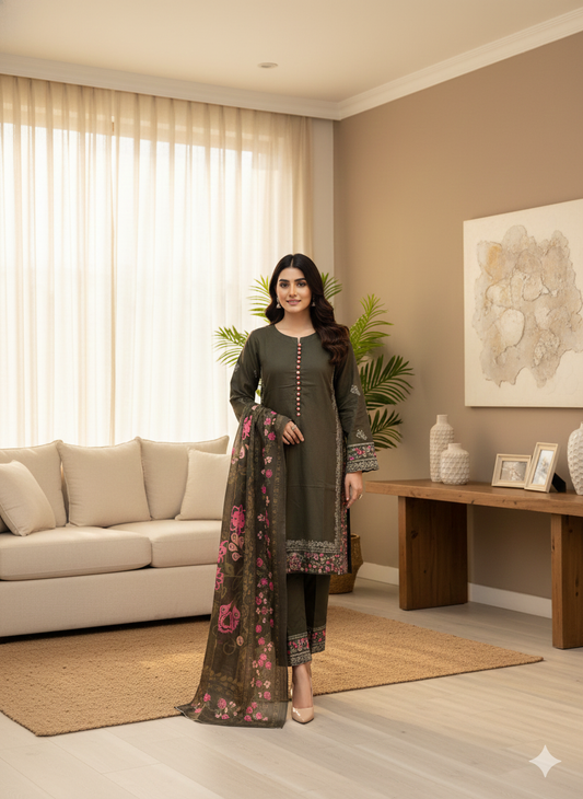 Elegant Dark Olive Green 3-Piece Self-Printed Jacquard Suit with Pink Floral Embroidery