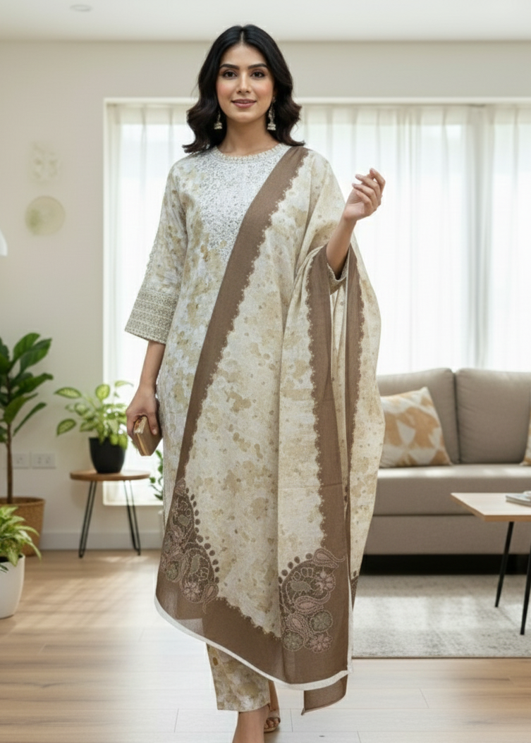 Elegant Beige & Brown Self-Jacquard Suit Set with Paisley Border Dupatta