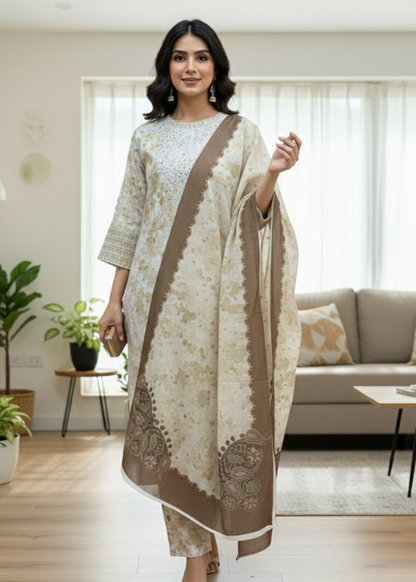 Elegant Beige & Brown Self-Jacquard Suit Set with Paisley Border Dupatta