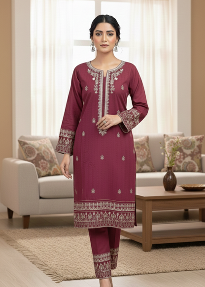 Women’s 3-Piece Maroon Self-Jacquard Stitched Suit – Embroidered Kurta Set