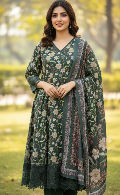 Khaddar 3-piece Stitched Printed Frock with Trousers and Dupatta