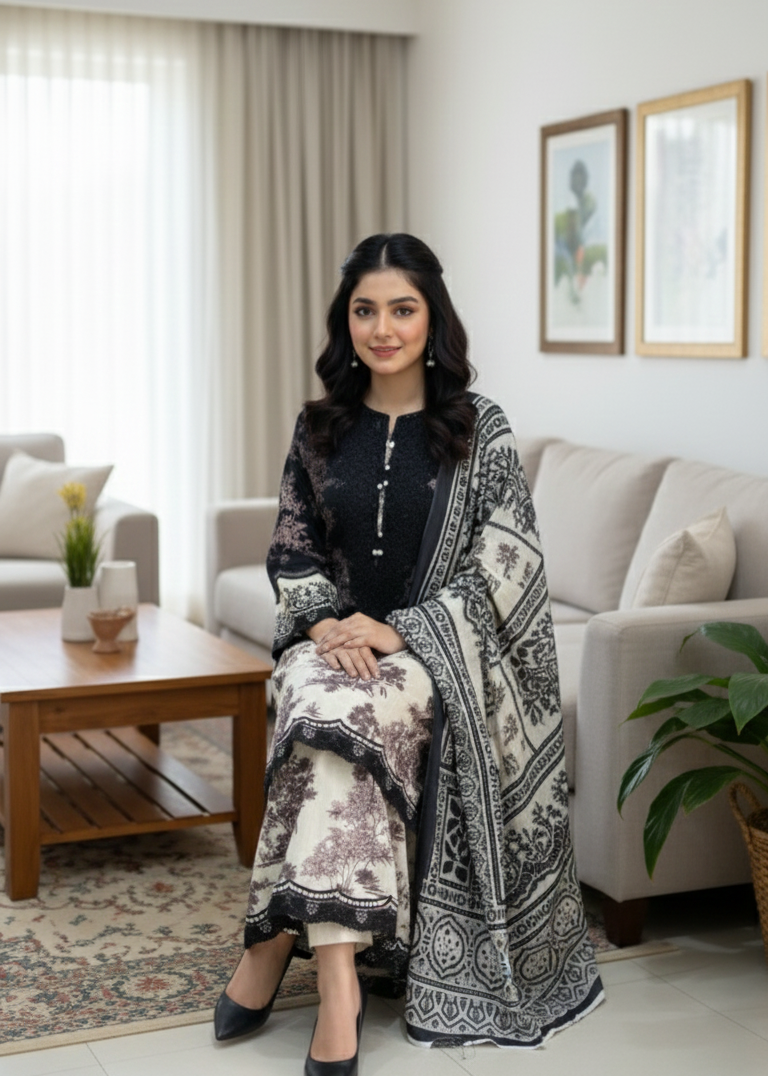 Landscape Print Cambric Shirt & Palazzo Set with Dupatta | 3-Piece Stitched Dress