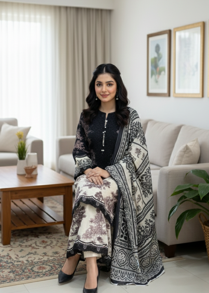 Landscape Print Cambric Shirt & Palazzo Set with Dupatta | 3-Piece Stitched Dress