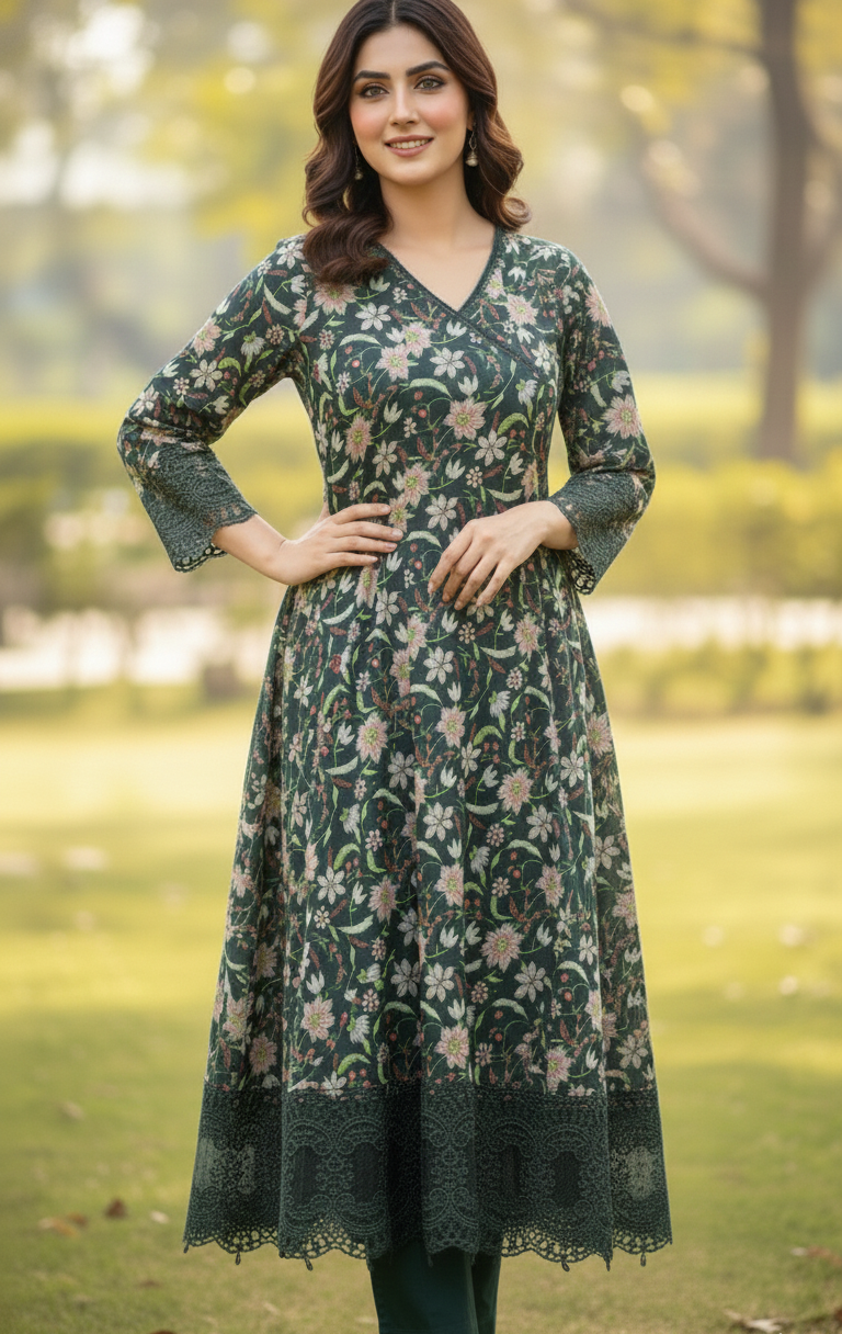 Khaddar 3-piece Stitched Printed Frock with Trousers and Dupatta