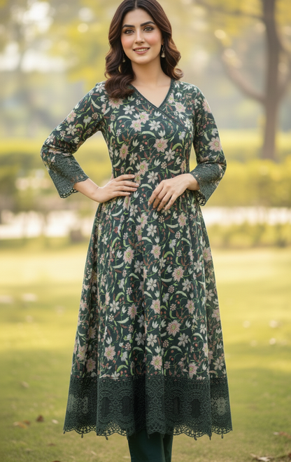 Khaddar 3-piece Stitched Printed Frock with Trousers and Dupatta