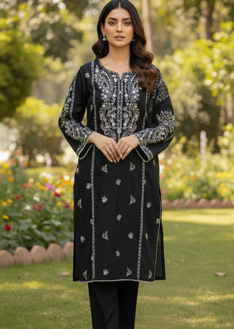 Midnight Grace – Intricately Embroidered Black Self-Jacquard 3-Piece Stitched Suite