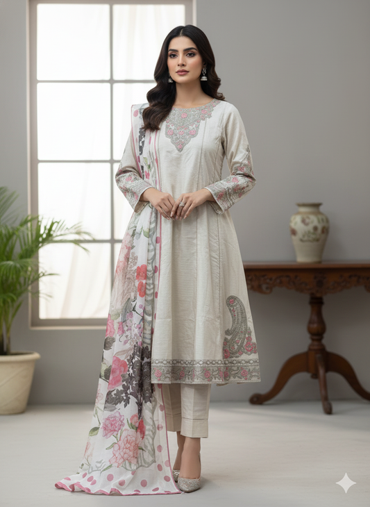 Elegant Off White Self-Printed Jacquard 3-piece Stitched Dress | Frock