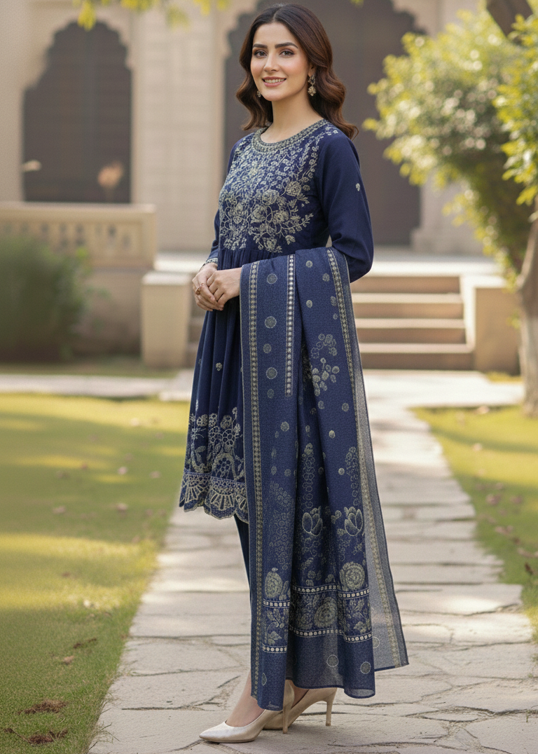 Navy Blue Embroidered Dhanak 3-Piece Suit - Stitched