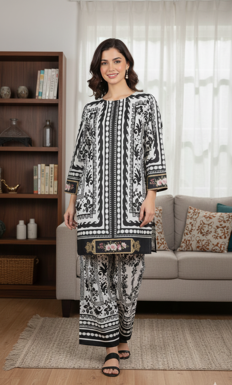 Elegance Silk Black & White Printed 2-Piece Stitched Suit