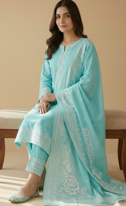 Women’s 3-Piece Stitched Turquoise Jacquard Suit - Embroidered