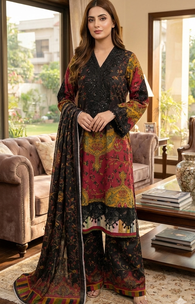 Luxury Cotrai Embroidered Black & Maroon Suit with Palazo - 3-Piece stitched