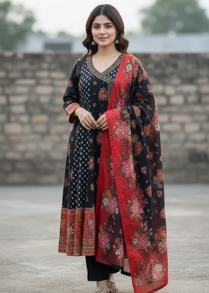 Midnight Bloom – 3-Piece Printed Stitched Khaddar Frock Set