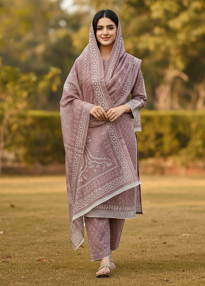 Elegant Mauve Floral Print Cambric Cotton Kurta Set with Intricate White Embroidery