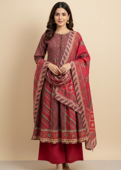 3-Piece Stitched Printed Khaddar Frock Set with Palazzo