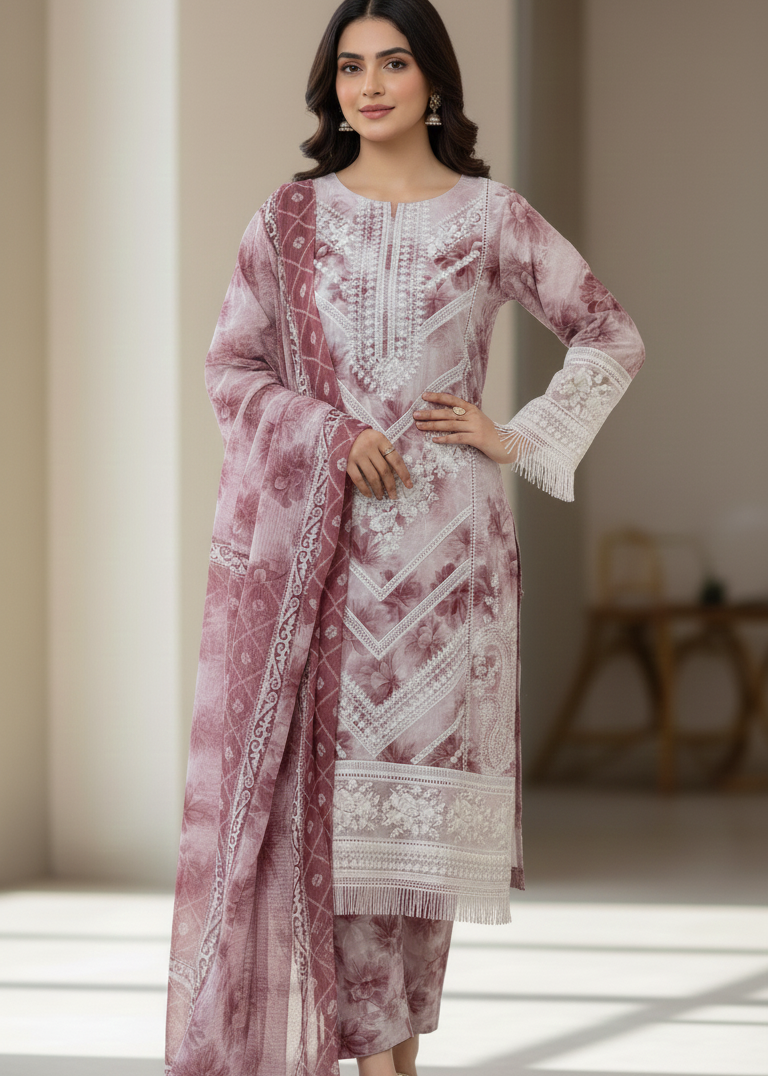 Mauve Blossom | Embroidered 3-Piece Stitched Cambric Suit