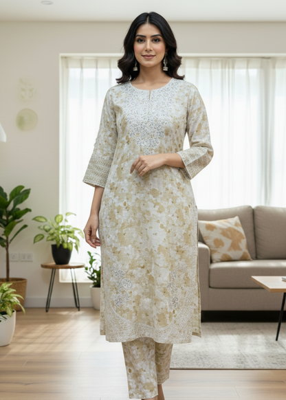 Elegant Beige & Brown Self-Jacquard Suit Set with Paisley Border Dupatta