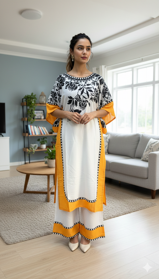 Printed Silk 2-Pc Silk Dress with Orange Trim and Black Floral Print