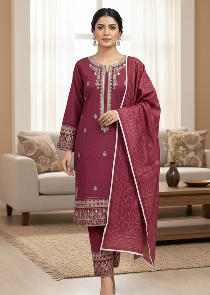 Women’s 3-Piece Maroon Self-Jacquard Stitched Suit – Embroidered Kurta Set