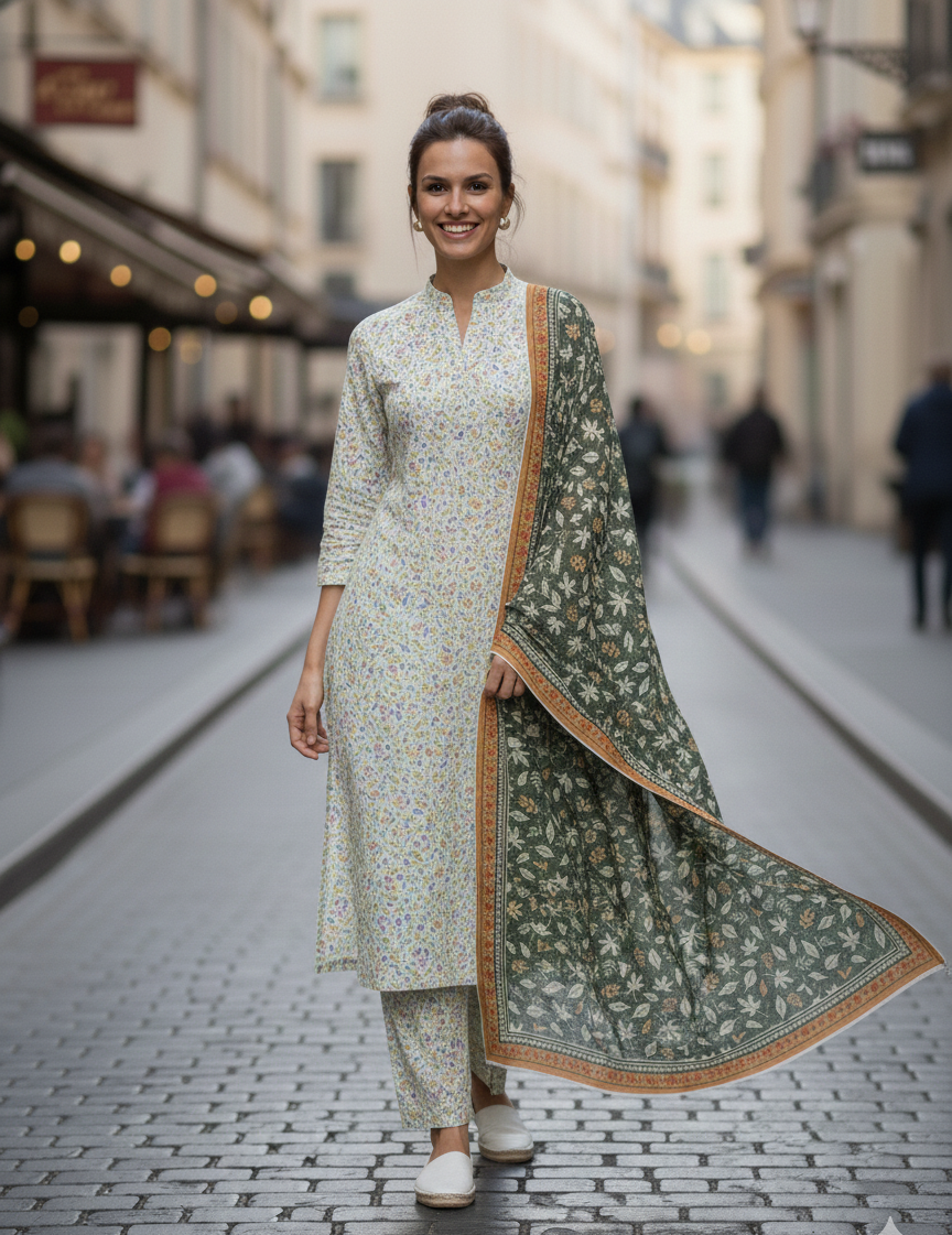 Pastel & Forest Green Khaddar 3-Piece Unstitched Suit