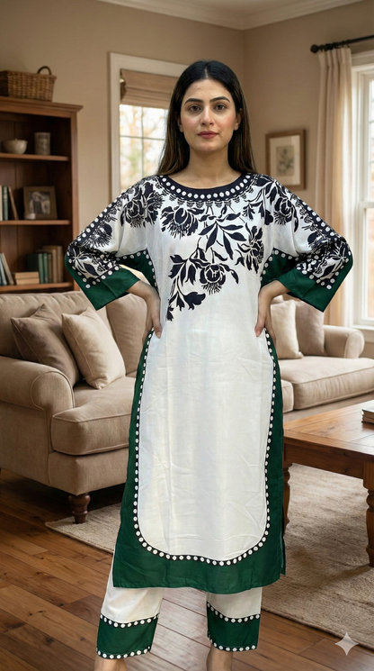 Emerald Green Border with Chic Black & White Floral Printed Silk 2-Pc Dress