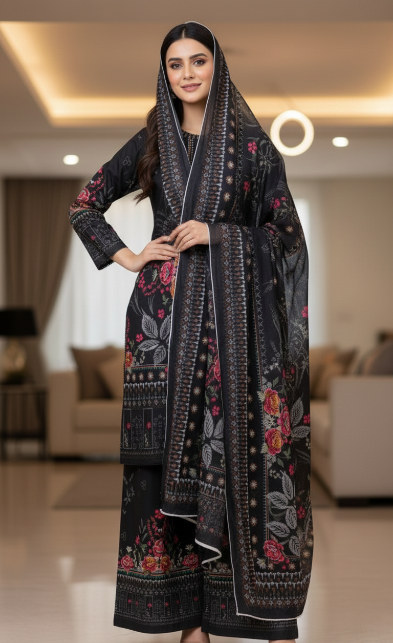 Premium Black Cotrai Ensemble 3 Piece Stitched Dress – Embroidered Neckline & Printed Palazzo Set