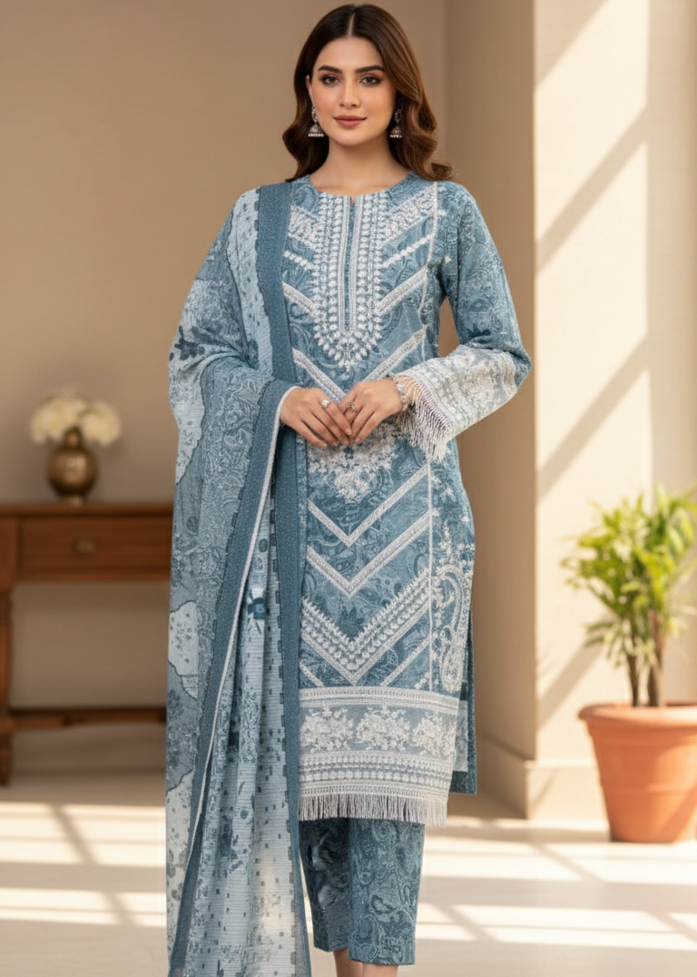 Women’s Blue Embroidered Cambric 3-Piece Stitched Suit