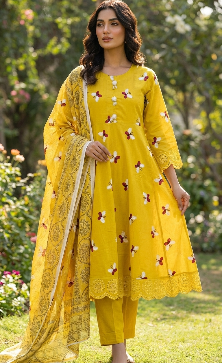 Marigold Monarch | Embroidered Butterfly Khaddar 3-Piece Stitched Dress