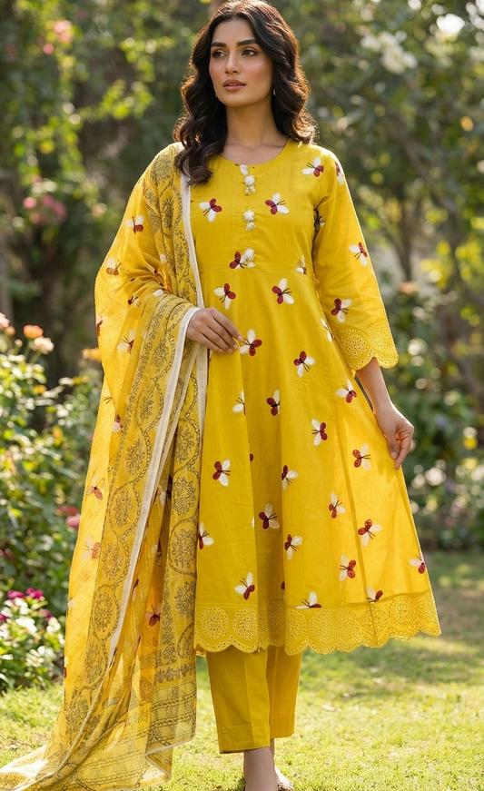 Marigold Monarch | Embroidered Butterfly Khaddar 3-Piece Stitched Dress