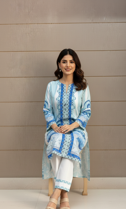 The Serene Waters Silk Tunic & Trouser Ensemble-2piece Stitched Dress