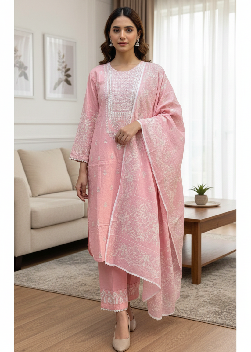 Blossom Pink Self-Jacquard 3-Piece Stitched Embroidered Suite