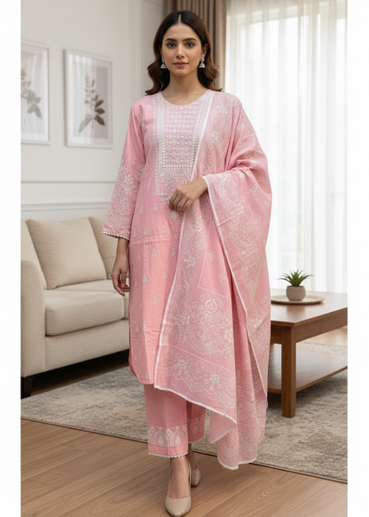 Blossom Pink Self-Jacquard 3-Piece Stitched Embroidered Suite