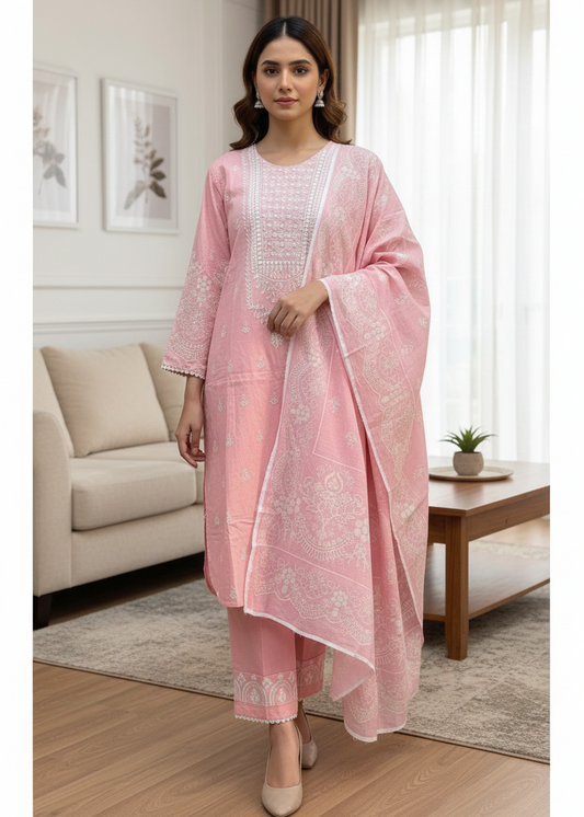 Blossom Pink Self-Jacquard 3-Piece Stitched Embroidered Suite