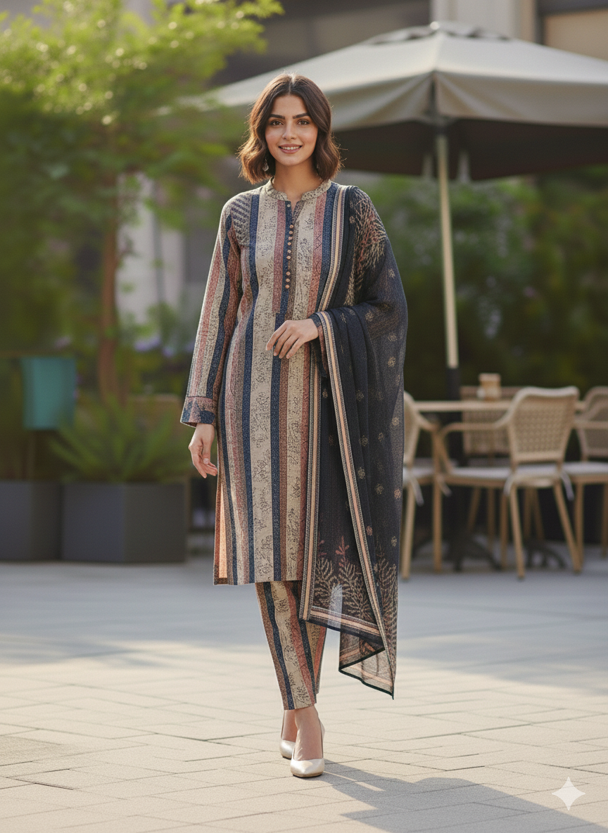 Step out in style and comfort with our 'Winter Bloom' 3-Piece Khaddar suit.