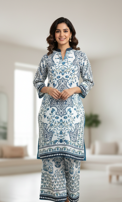 Designer Blue & White Silk Printed Straight 2-Piece Stitched Dress